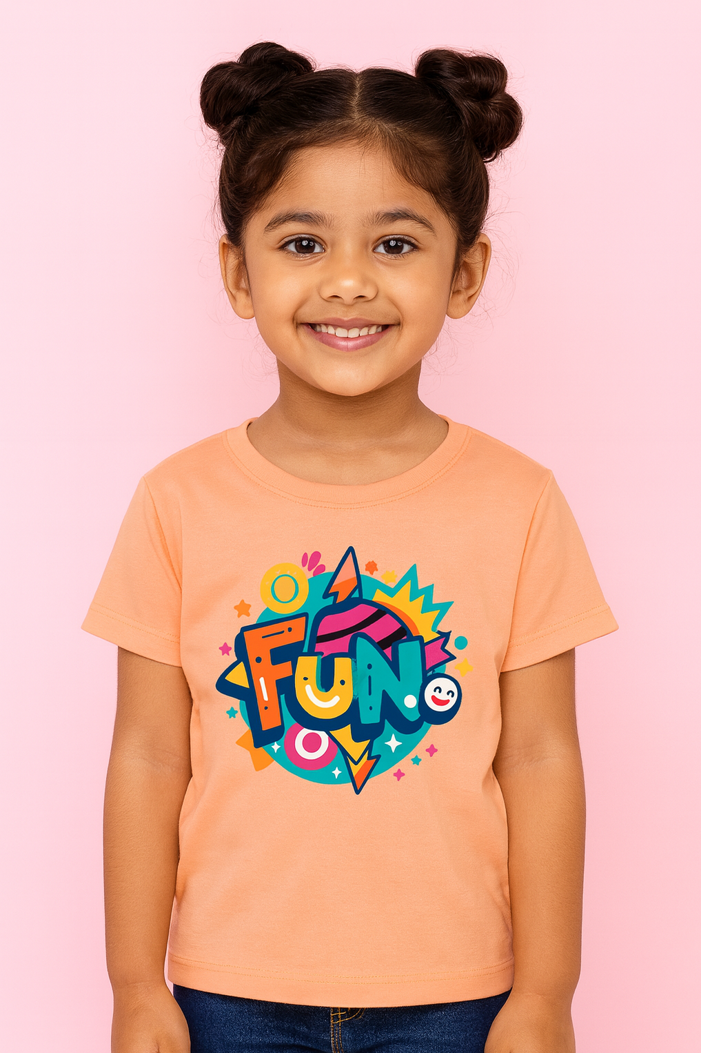 Young girl wearing a peach t-shirt with colorful 'FUN' design on a pink background