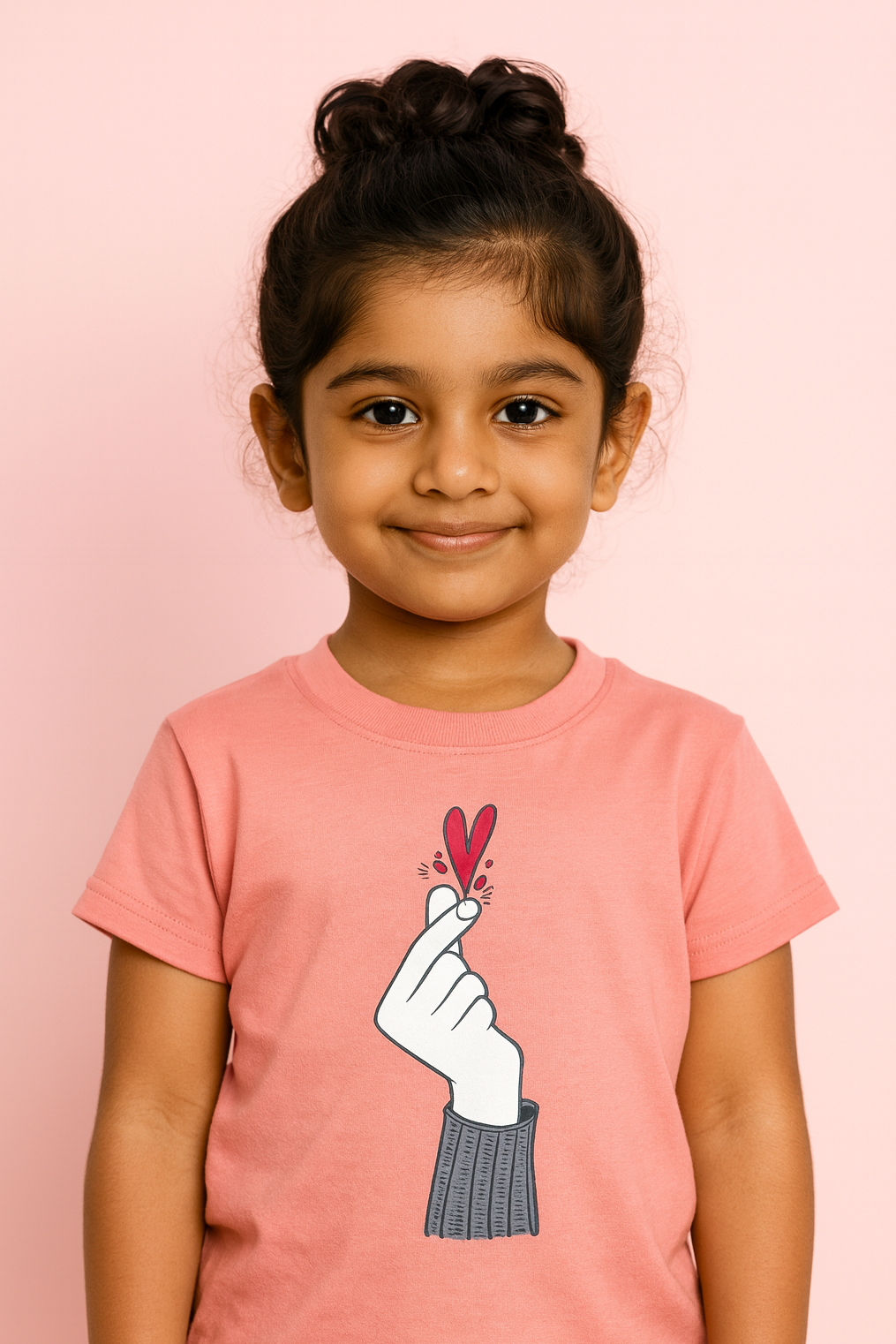 Young girl wearing a pink t-shirt with a graphic design on a pink background