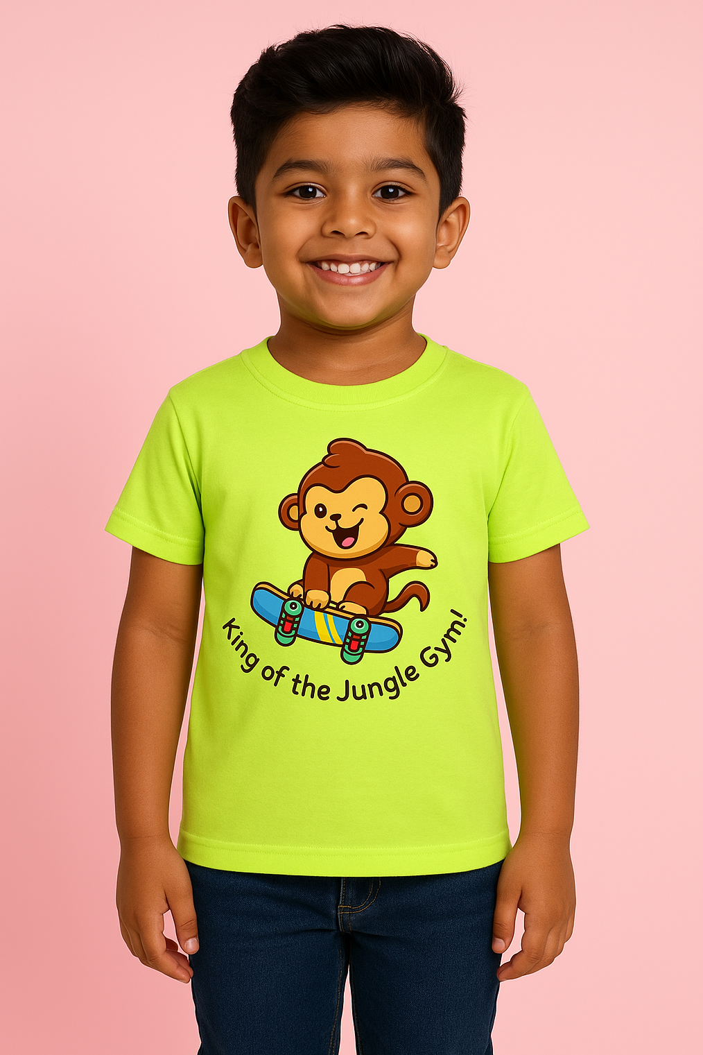 Child wearing a bright green t-shirt with a monkey graphic and text on a pink background