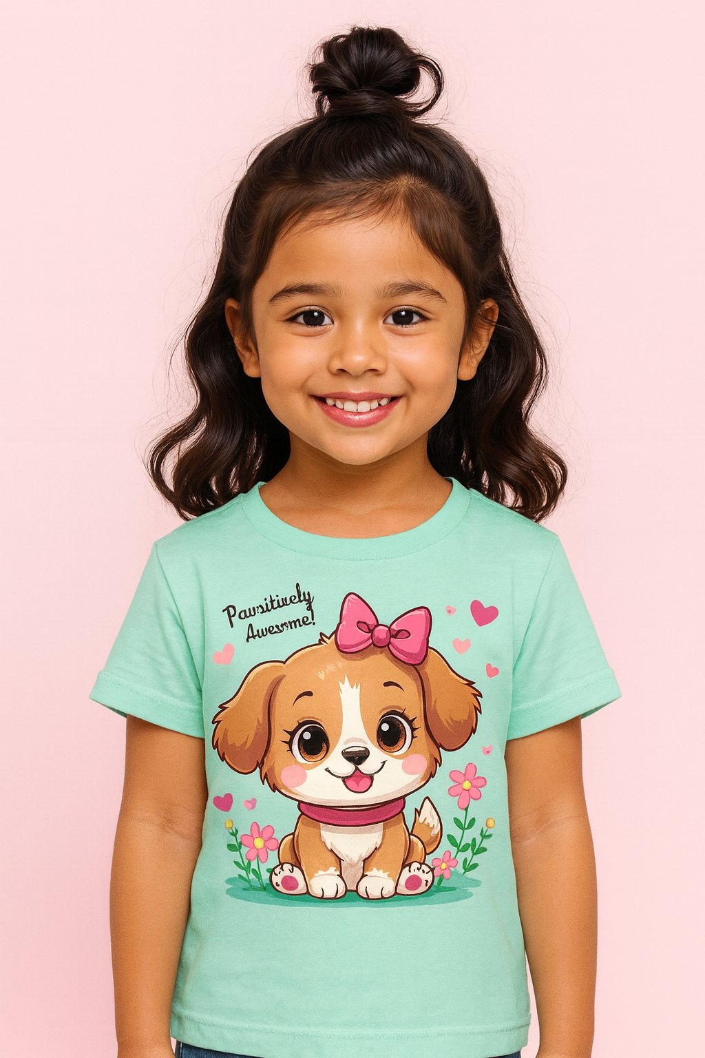 Young girl wearing a light green t-shirt with a cartoon dog design on a pink background