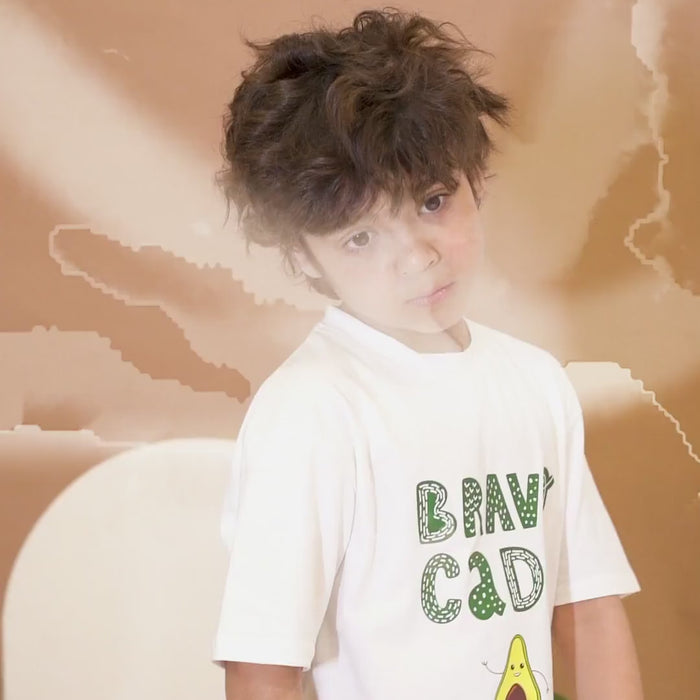 A playful video of Kid model enjoying himself in premium cotton HapyHatch T shirt