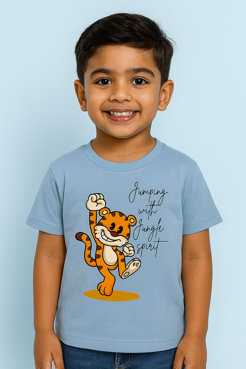 Child wearing a light blue t-shirt with a cartoon tiger design on a light blue background