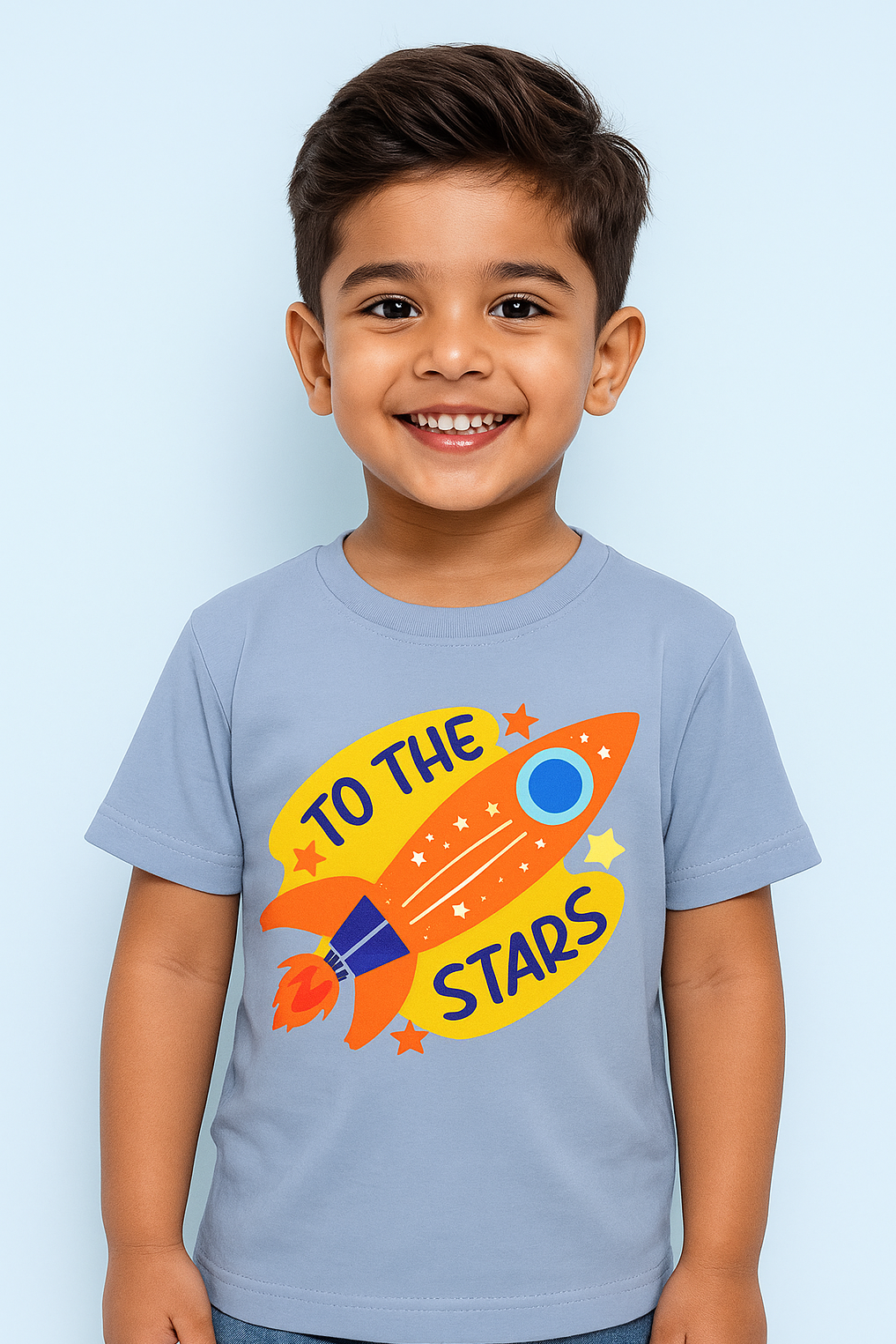 Child wearing a t-shirt with a rocket and 'To the Stars' text on a light blue background