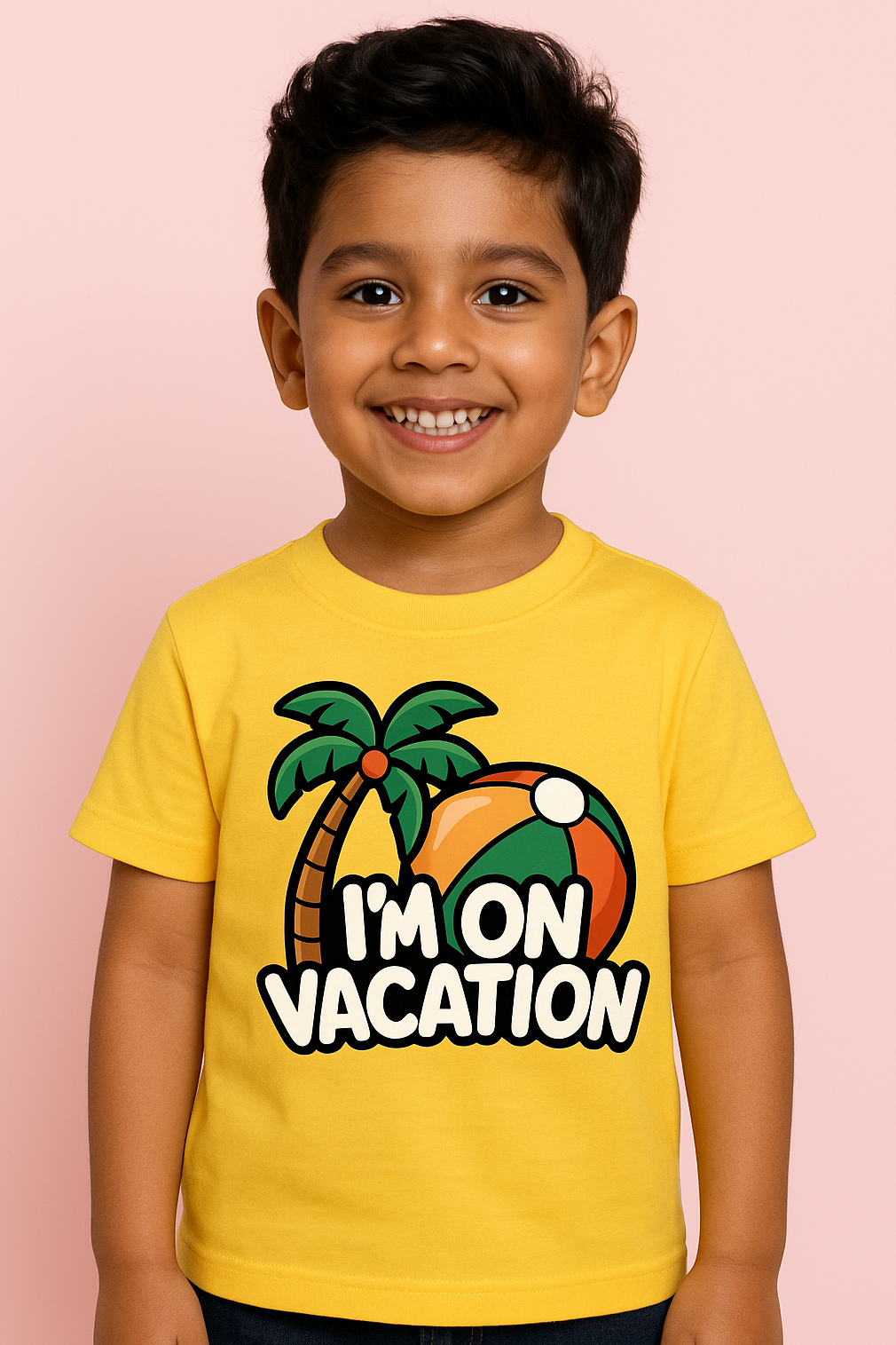 Child wearing a yellow t-shirt with 'I'm on Vacation' text and beach graphics against a pink background