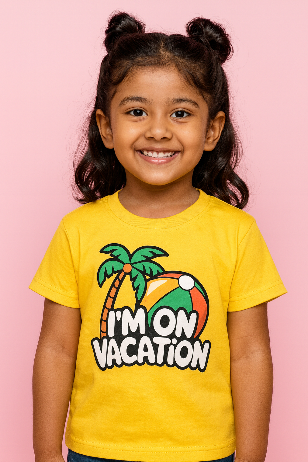 girl wearing I'm on vacation print in yellow color